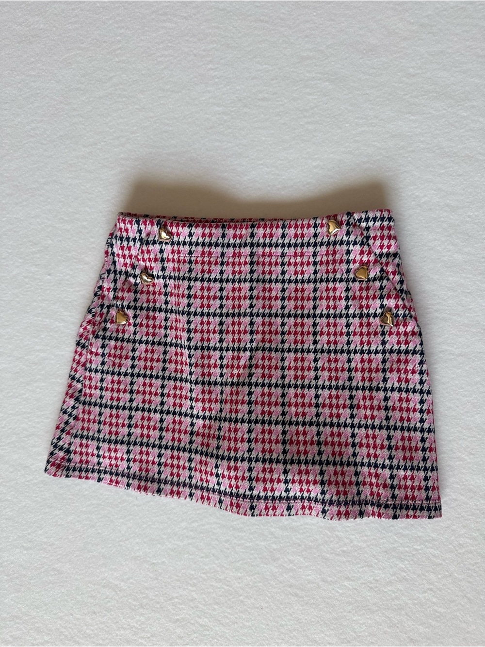 Girls Pink/Red/Navy Preppy Houndstooth Gold Heart Accent Skort size small 6-7